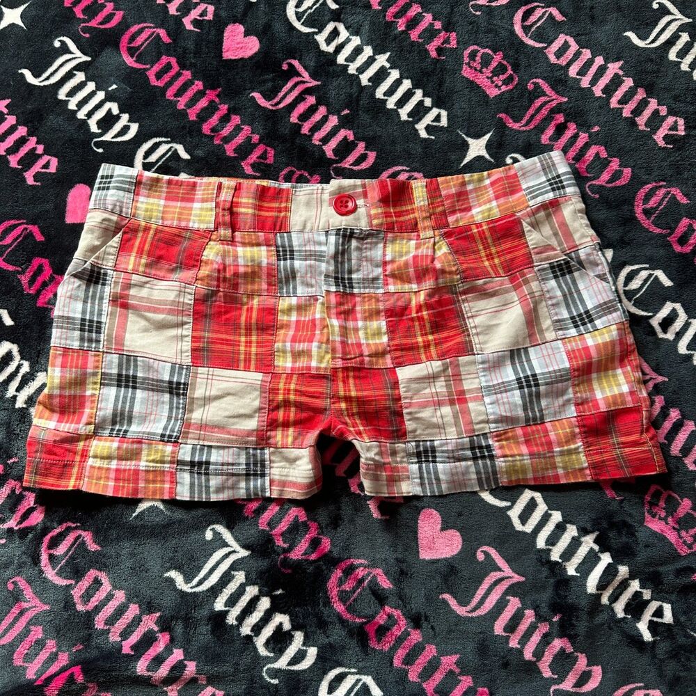 Vintage Y2K PRG Patchwork Plaid Shorts Red Beige Black Madras Size 15